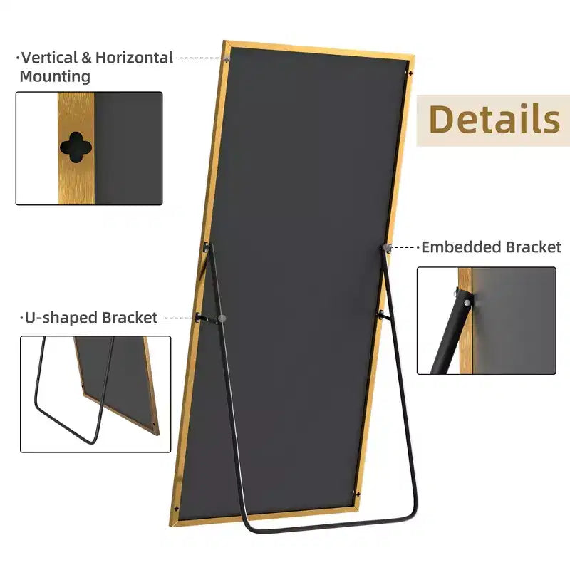 Specchio a figura intera rettangolare 59x28 con bordo sottile in alluminio e angoli retti, con supporto