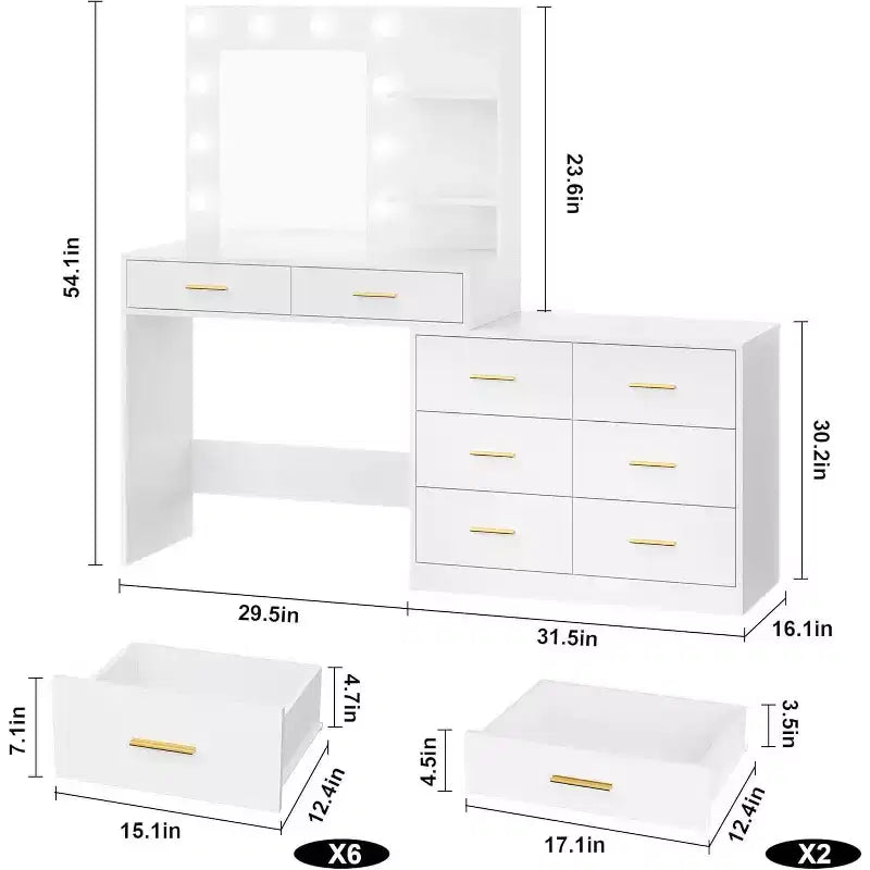 Toeletta da 61 pollici con specchio e luci, toeletta con 8 ampi cassetti portaoggetti e 3 modalità di illuminazione con luminosità regolabile per la camera da letto