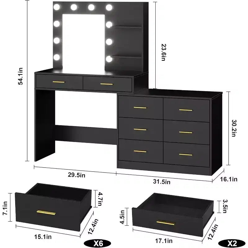 Toeletta da 61 pollici con specchio e luci, toeletta con 8 ampi cassetti portaoggetti e 3 modalità di illuminazione con luminosità regolabile per la camera da letto