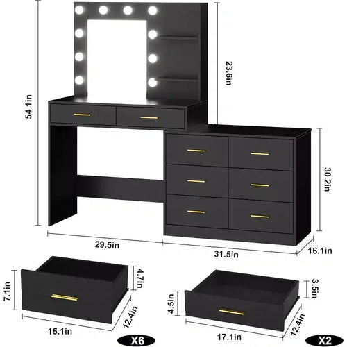 Toeletta da 61 pollici con specchio e luci, toeletta con 8 ampi cassetti portaoggetti e 3 modalità di illuminazione con luminosità regolabile per la camera da letto