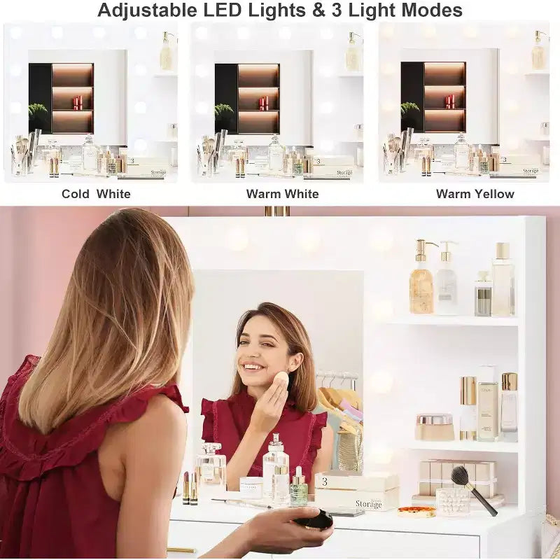 Toeletta da 61 pollici con specchio e luci, toeletta con 8 ampi cassetti portaoggetti e 3 modalità di illuminazione con luminosità regolabile per la camera da letto