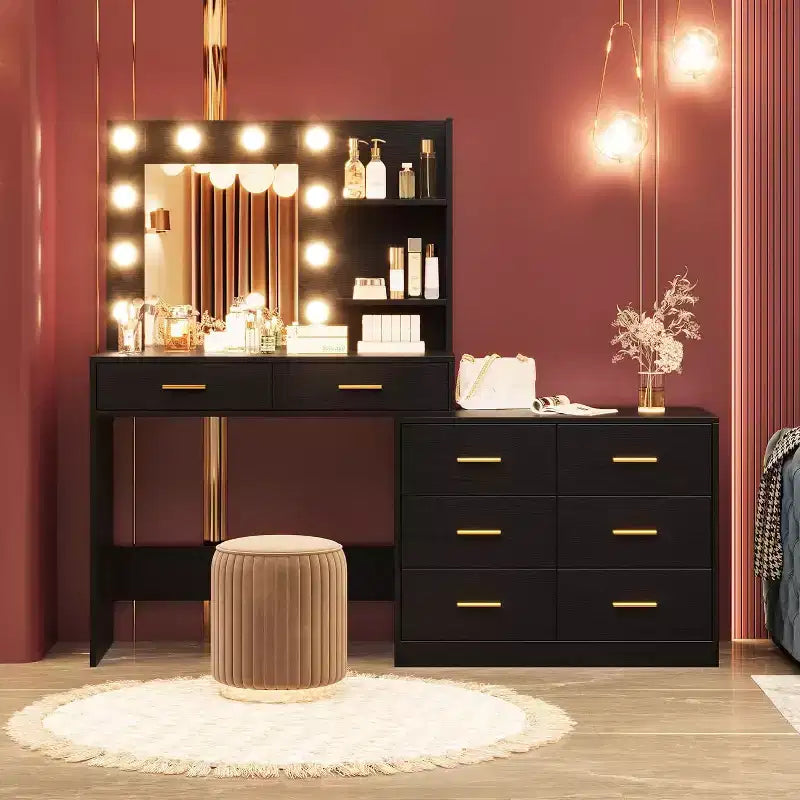 61 Make up Vanity Desk with Mirror and Lights, Vanity with 8 Wide Storage Drawers & 3 Lighting Modes with Adjustable Brightness for Bedroom