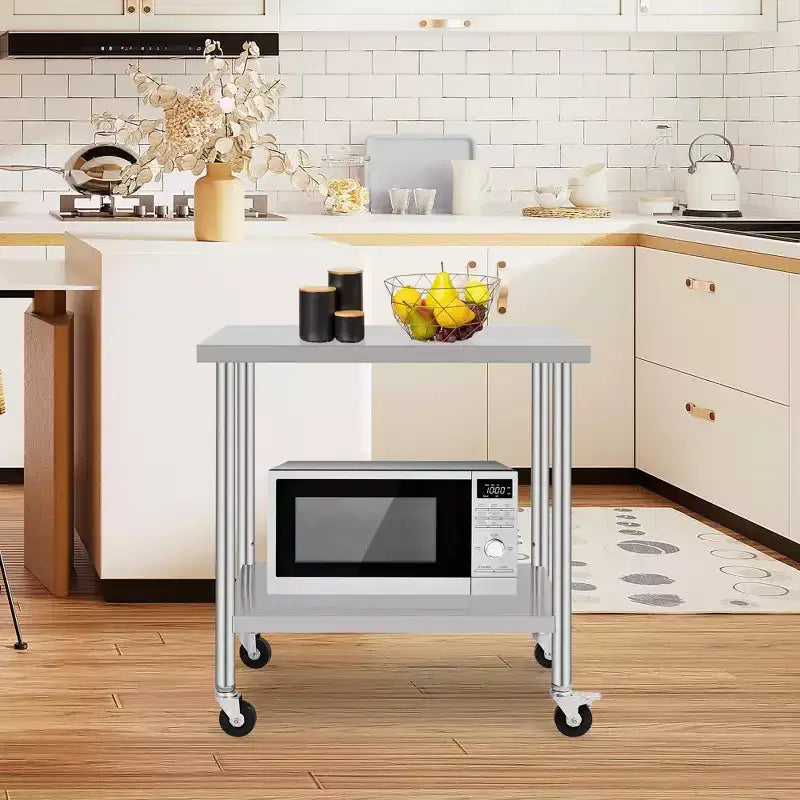 Tavolo da Lavoro in Acciaio Inox con Ruote - Tavolo da Preparazione Commerciale con Ripiano Regolabile, Capacità 136 kg