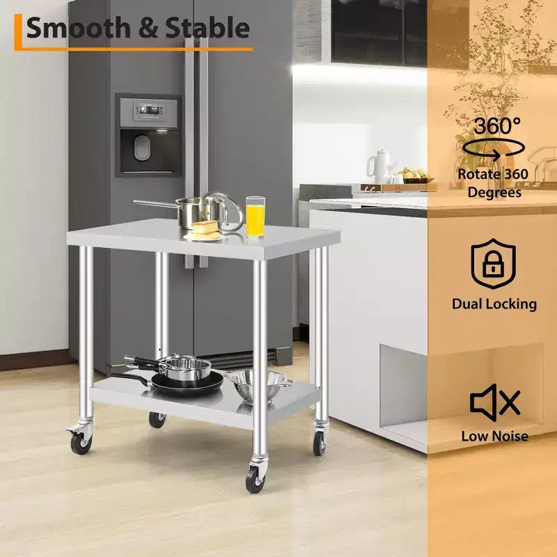 Tavolo da Lavoro in Acciaio Inox con Ruote - Tavolo da Preparazione Commerciale con Ripiano Regolabile, Capacità 136 kg