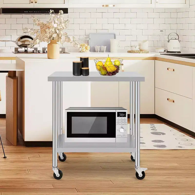 Tavolo da Lavoro in Acciaio Inox con Ruote - Tavolo da Preparazione Commerciale con Ripiano Regolabile, Capacità 136 kg