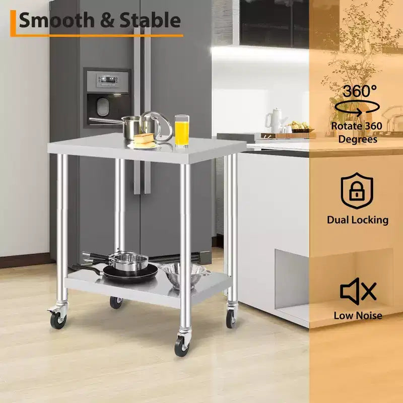Tavolo da Lavoro in Acciaio Inox con Ruote - Tavolo da Preparazione Commerciale con Ripiano Regolabile, Capacità 136 kg