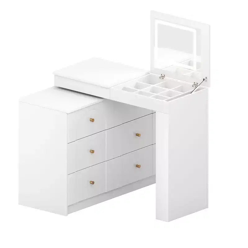 Toeletta con specchio a ribalta, toeletta vintage con 7 cassetti, 3 ripiani e 9 scomparti, toeletta compatta per camera da letto, soggiorno