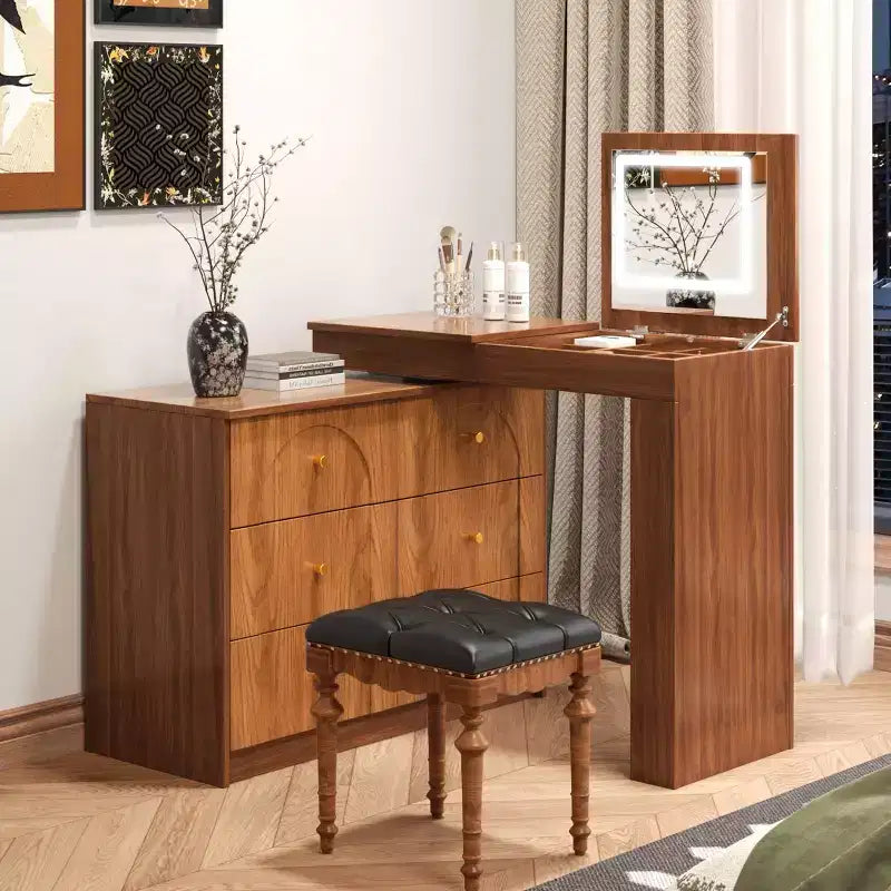 Toeletta con specchio a ribalta, toeletta vintage con 7 cassetti, 3 ripiani e 9 scomparti, toeletta compatta per camera da letto, soggiorno