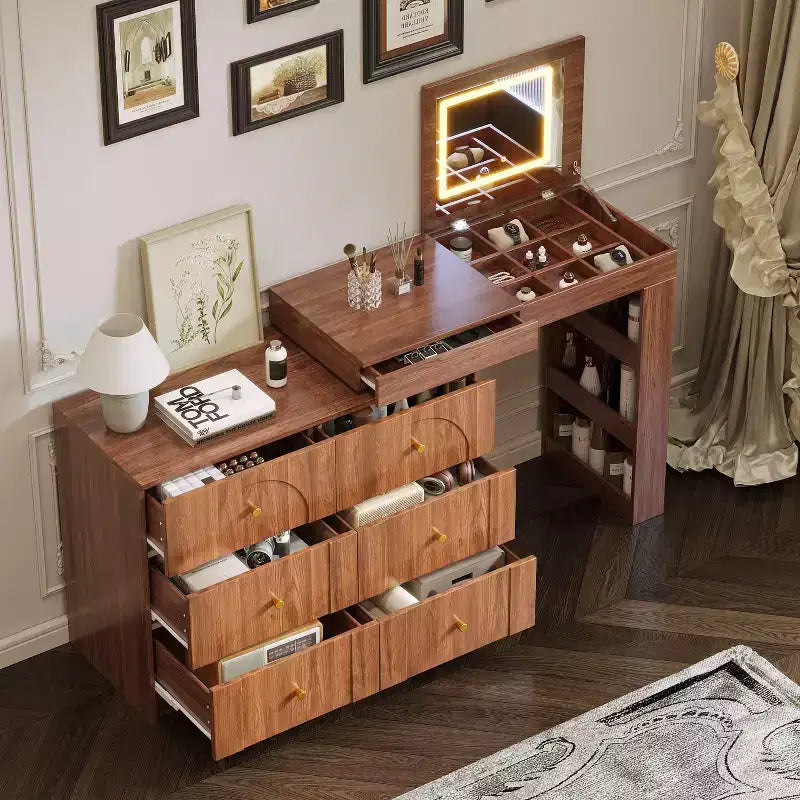 Toeletta con specchio a ribalta, toeletta vintage con 7 cassetti, 3 ripiani e 9 scomparti, toeletta compatta per camera da letto, soggiorno