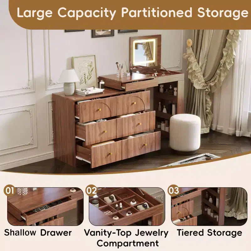 Toeletta con specchio a ribalta, toeletta vintage con 7 cassetti, 3 ripiani e 9 scomparti, toeletta compatta per camera da letto, soggiorno