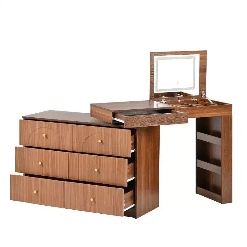 Toeletta con specchio a ribalta, toeletta vintage con 7 cassetti, 3 ripiani e 9 scomparti, toeletta compatta per camera da letto, soggiorno