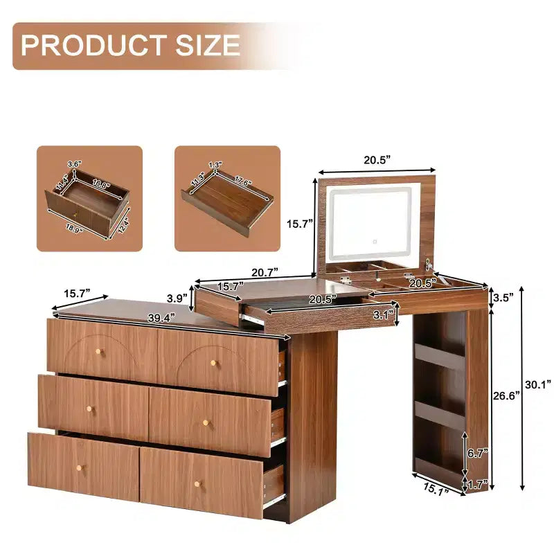 Toeletta con specchio a ribalta, toeletta vintage con 7 cassetti, 3 ripiani e 9 scomparti, toeletta compatta per camera da letto, soggiorno