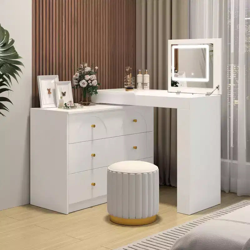 Toeletta con specchio a ribalta, toeletta vintage con 7 cassetti, 3 ripiani e 9 scomparti, toeletta compatta per camera da letto, soggiorno