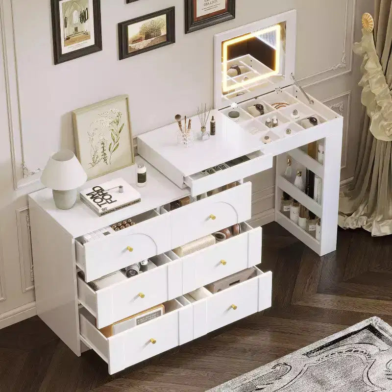 Toeletta con specchio a ribalta, toeletta vintage con 7 cassetti, 3 ripiani e 9 scomparti, toeletta compatta per camera da letto, soggiorno