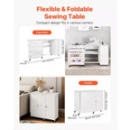 Tavolo da Cucito Pieghevole, Tavolo Multiuso per Macchina da Cucire con Armadietto, Design Compatto, Ruote, Pioli in Legno, Vaschette e Ripiano Portaoggetti, Bianco