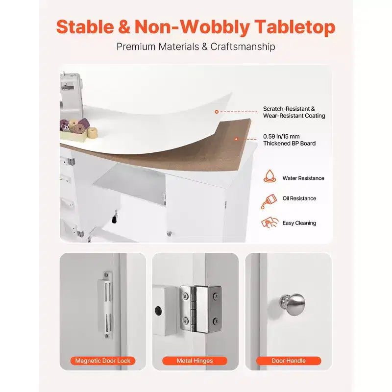 Tavolo da Cucito Pieghevole, Tavolo Multiuso per Macchina da Cucire con Armadietto, Design Compatto, Ruote, Pioli in Legno, Vaschette e Ripiano Portaoggetti, Bianco