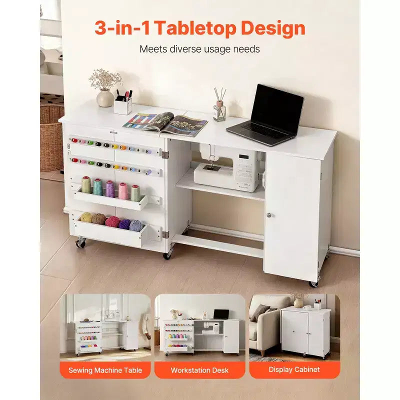 Tavolo da Cucito Pieghevole, Tavolo Multiuso per Macchina da Cucire con Armadietto, Design Compatto, Ruote, Pioli in Legno, Vaschette e Ripiano Portaoggetti, Bianco