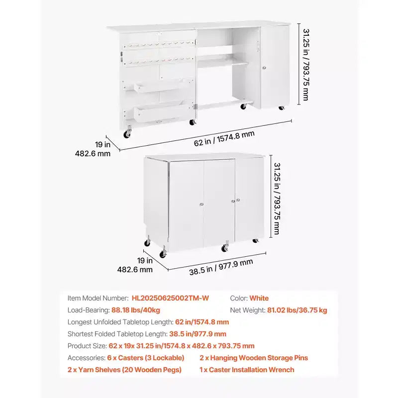 Tavolo da Cucito Pieghevole, Tavolo Multiuso per Macchina da Cucire con Armadietto, Design Compatto, Ruote, Pioli in Legno, Vaschette e Ripiano Portaoggetti, Bianco