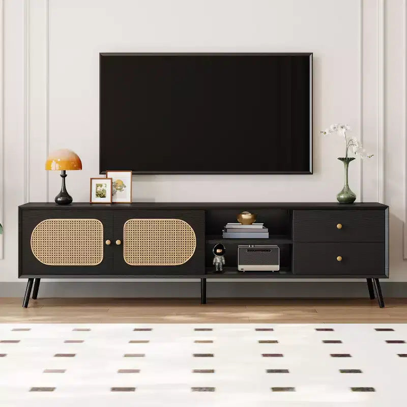 Rattan TV Stand with Doors for 80 inch TV, Vintage TV Storage Cabinet Table with Drawers and Open Shelf for Living Room, Black