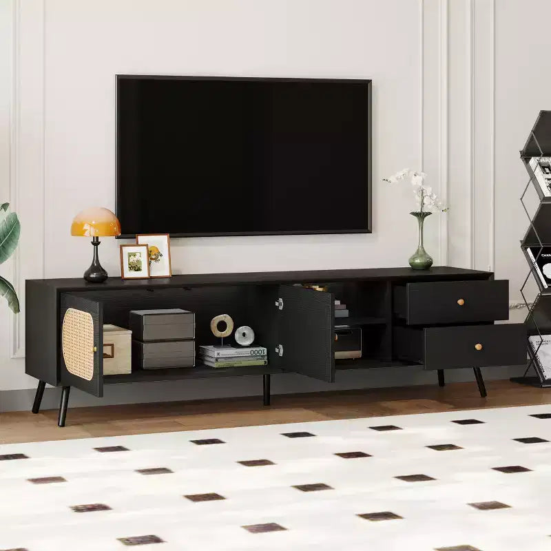 Mobile TV in Rattan con Ante per TV da 80 Pollici, Mobile Porta TV Vintage con Cassetti e Ripiano Aperto per Soggiorno, Nero