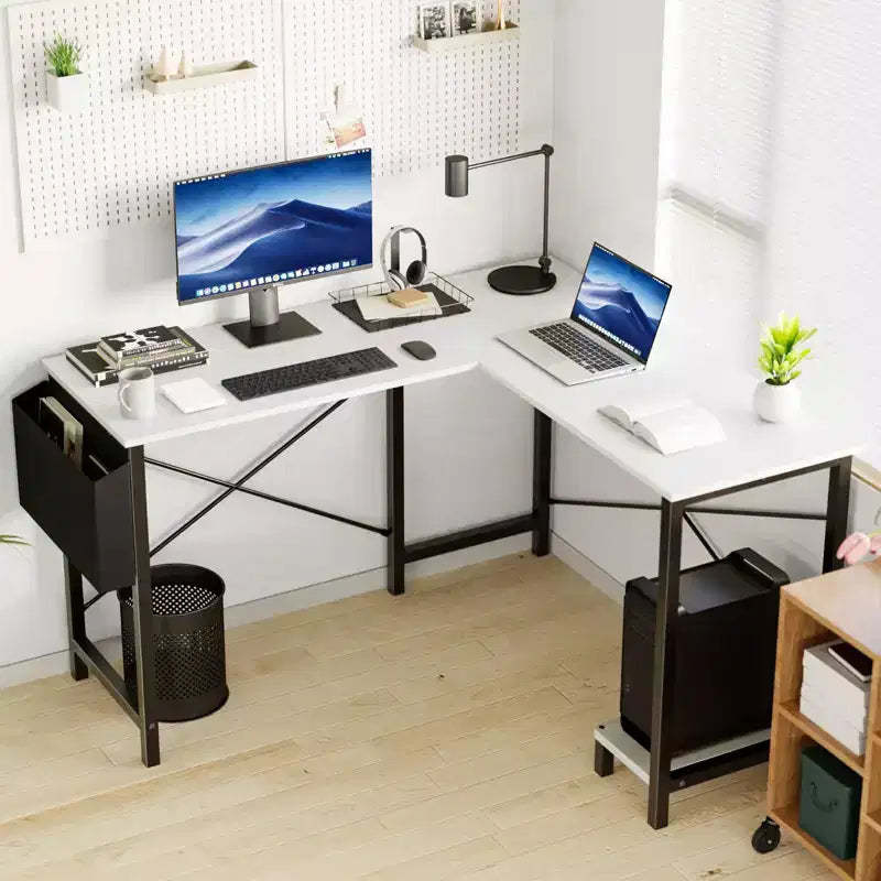 Scrivania angolare a L per computer con struttura a X, scrivania da ufficio per gaming da 50 pollici con ripiano porta CPU e borsa laterale per ufficio, studio, gaming