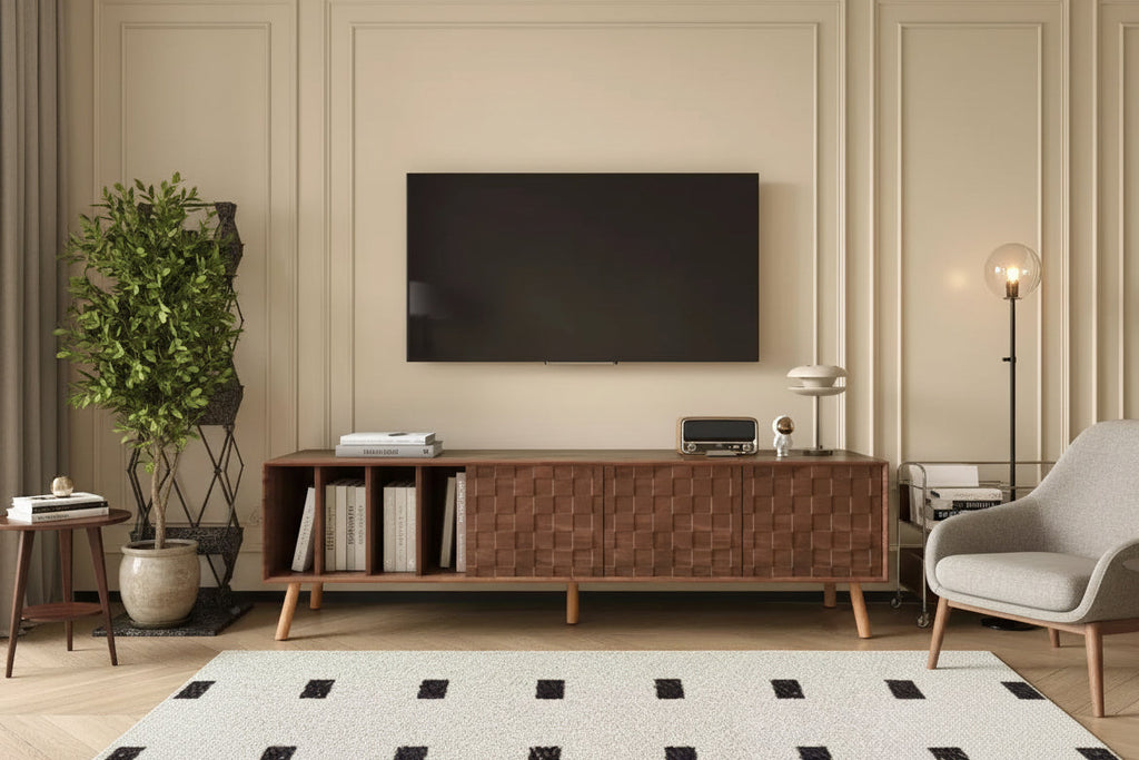 Clihome 70 Mid-Century Modern TV Stand, Media Console Table for TVs up to 80'', Entertainment Center with 5 Solid Wood Legs for Living Room