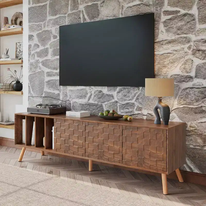 Mobile TV moderno di metà secolo da 70", consolle multimediale per TV fino a 80", centro di intrattenimento con 5 gambe in legno massello per soggiorno