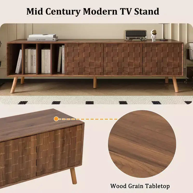 Mobile TV moderno di metà secolo da 70", consolle multimediale per TV fino a 80", centro di intrattenimento con 5 gambe in legno massello per soggiorno