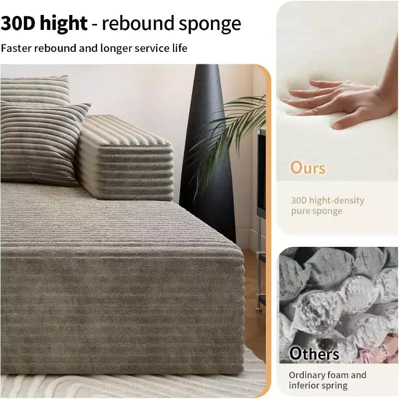 Divano componibile con bracciolo obliquo e bordino, seduta destra sinistra, in velluto a coste color cammello, materiale poliuretanico, soluzione per sedute da soggiorno
