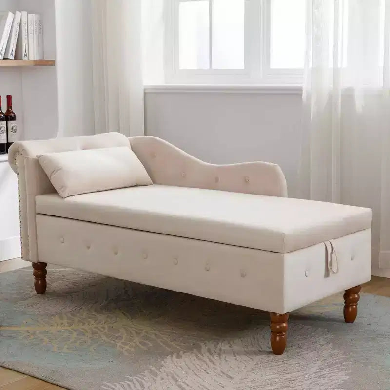 Chaise longue in velluto, con contenitore, chiodini decorativi, bracciolo arrotolato, per soggiorno, camera da letto, ufficio, beige