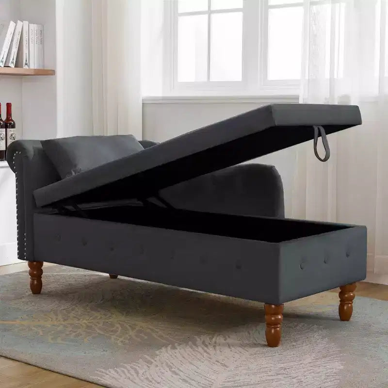 Chaise longue in velluto, con contenitore, chiodini decorativi, bracciolo arrotolato, per soggiorno, camera da letto, ufficio, beige