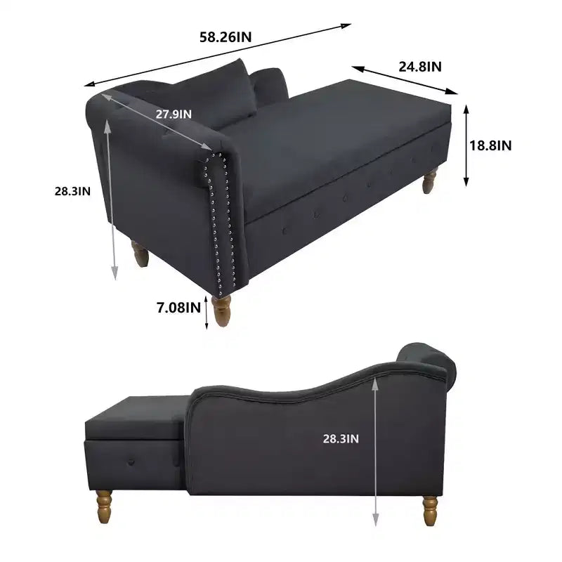Chaise longue in velluto, con contenitore, chiodini decorativi, bracciolo arrotolato, per soggiorno, camera da letto, ufficio, beige