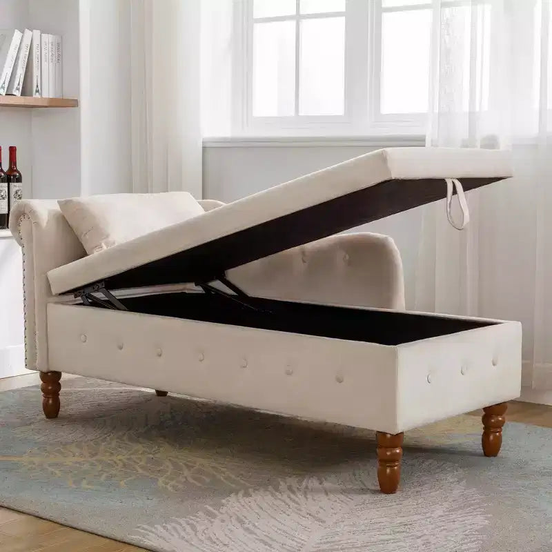 Chaise longue in velluto, con contenitore, chiodini decorativi, bracciolo arrotolato, per soggiorno, camera da letto, ufficio, beige