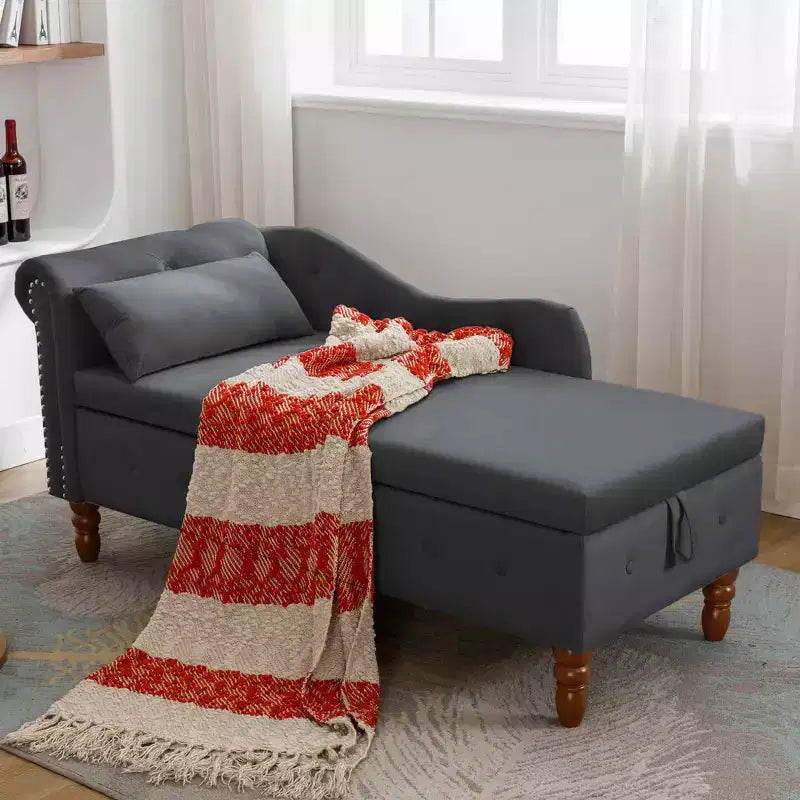 Chaise longue in velluto, con contenitore, chiodini decorativi, bracciolo arrotolato, per soggiorno, camera da letto, ufficio, beige