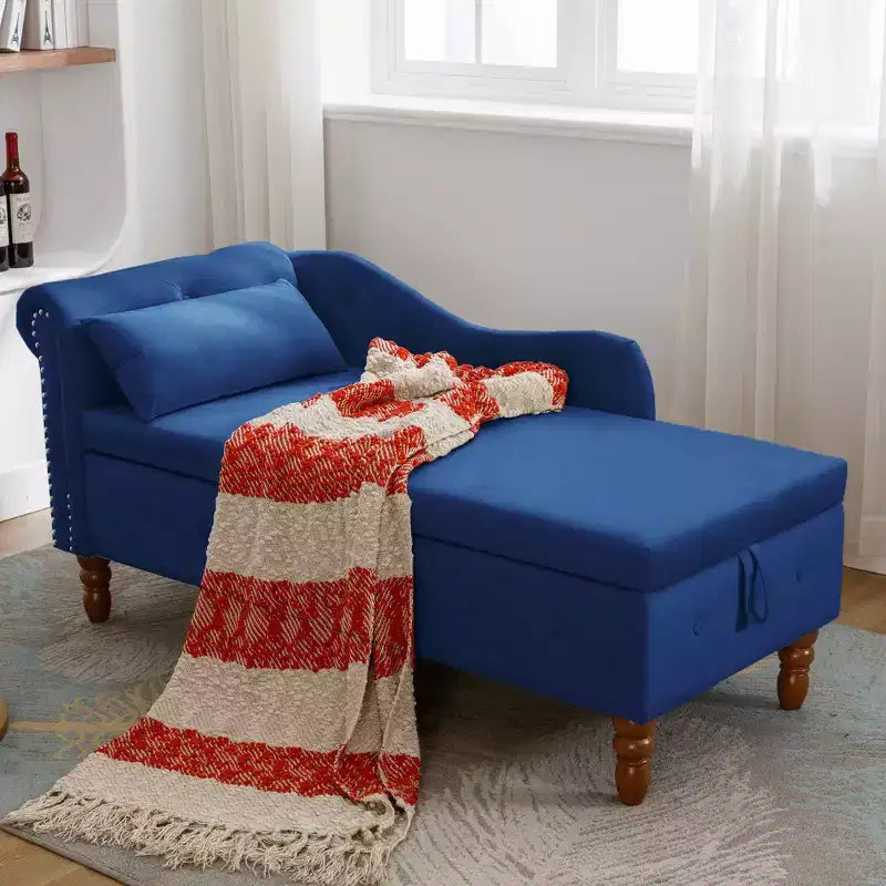 Chaise longue in velluto, con contenitore, chiodini decorativi, bracciolo arrotolato, per soggiorno, camera da letto, ufficio, beige