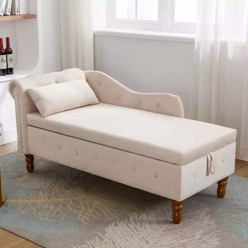 Chaise longue in velluto, con contenitore, chiodini decorativi, bracciolo arrotolato, per soggiorno, camera da letto, ufficio, beige