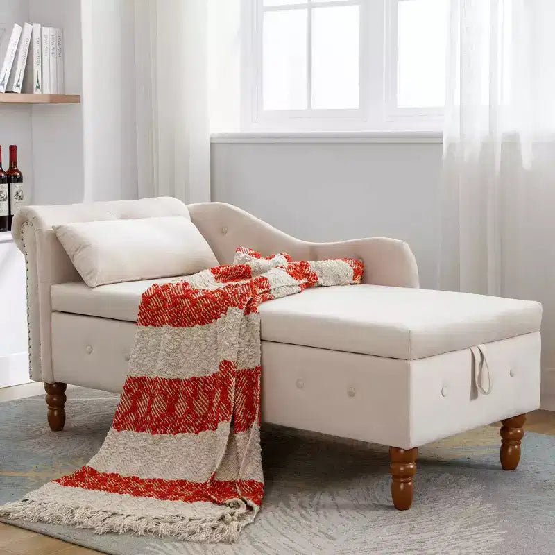 Chaise longue in velluto, con contenitore, chiodini decorativi, bracciolo arrotolato, per soggiorno, camera da letto, ufficio, beige
