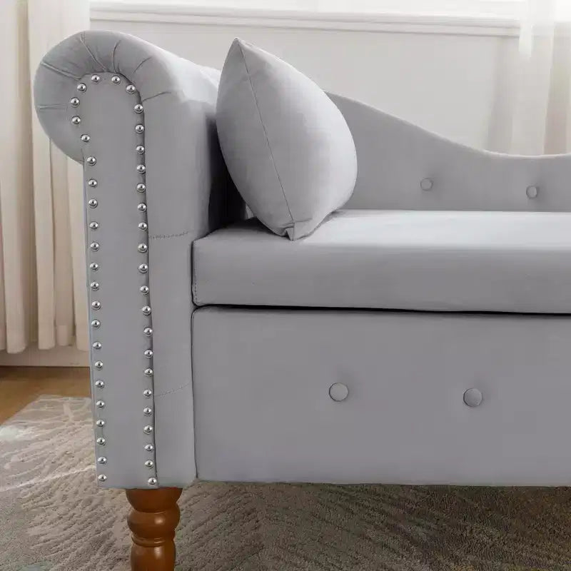Chaise longue in velluto, con contenitore, chiodini decorativi, bracciolo arrotolato, per soggiorno, camera da letto, ufficio, beige