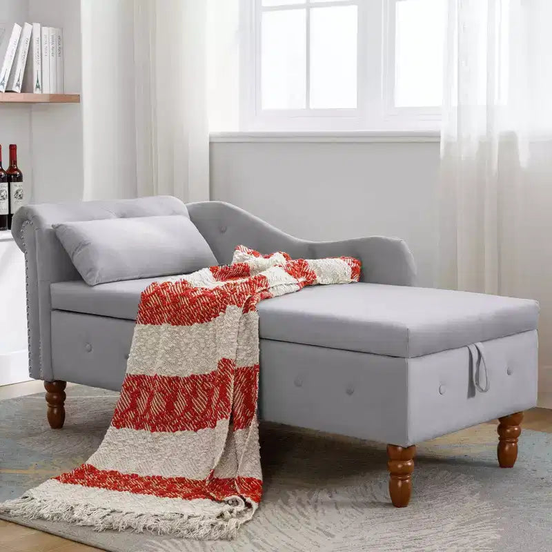 Chaise longue in velluto, con contenitore, chiodini decorativi, bracciolo arrotolato, per soggiorno, camera da letto, ufficio, beige