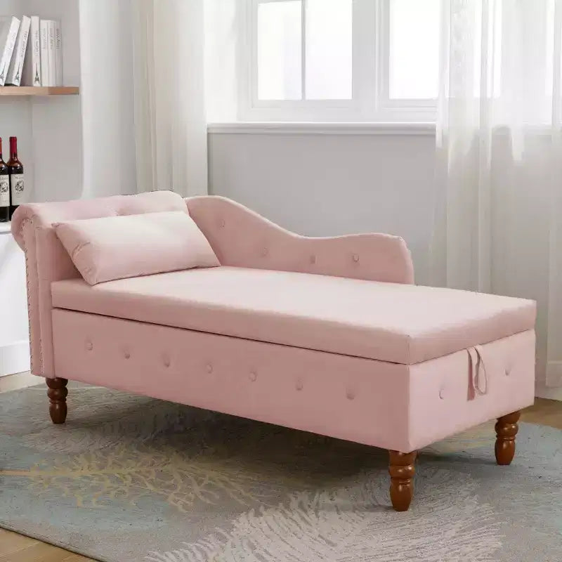 Chaise longue in velluto, con contenitore, chiodini decorativi, bracciolo arrotolato, per soggiorno, camera da letto, ufficio, beige