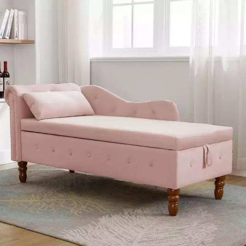 Chaise longue in velluto, con contenitore, chiodini decorativi, bracciolo arrotolato, per soggiorno, camera da letto, ufficio, beige