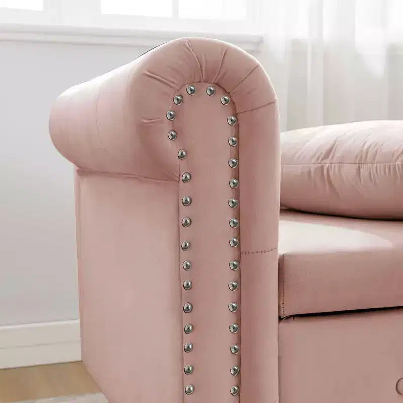 Chaise longue in velluto, con contenitore, chiodini decorativi, bracciolo arrotolato, per soggiorno, camera da letto, ufficio, beige