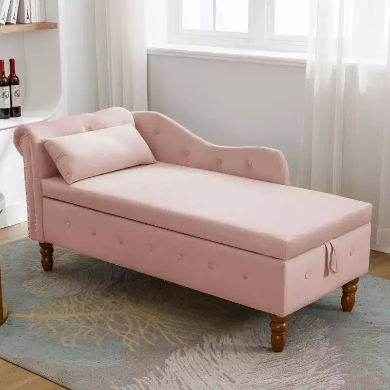 Chaise longue in velluto, con contenitore, chiodini decorativi, bracciolo arrotolato, per soggiorno, camera da letto, ufficio, beige