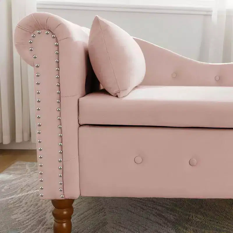 Chaise longue in velluto, con contenitore, chiodini decorativi, bracciolo arrotolato, per soggiorno, camera da letto, ufficio, beige
