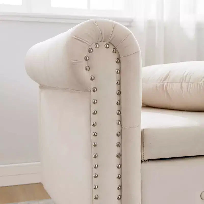 Chaise longue in velluto, con contenitore, chiodini decorativi, bracciolo arrotolato, per soggiorno, camera da letto, ufficio, beige