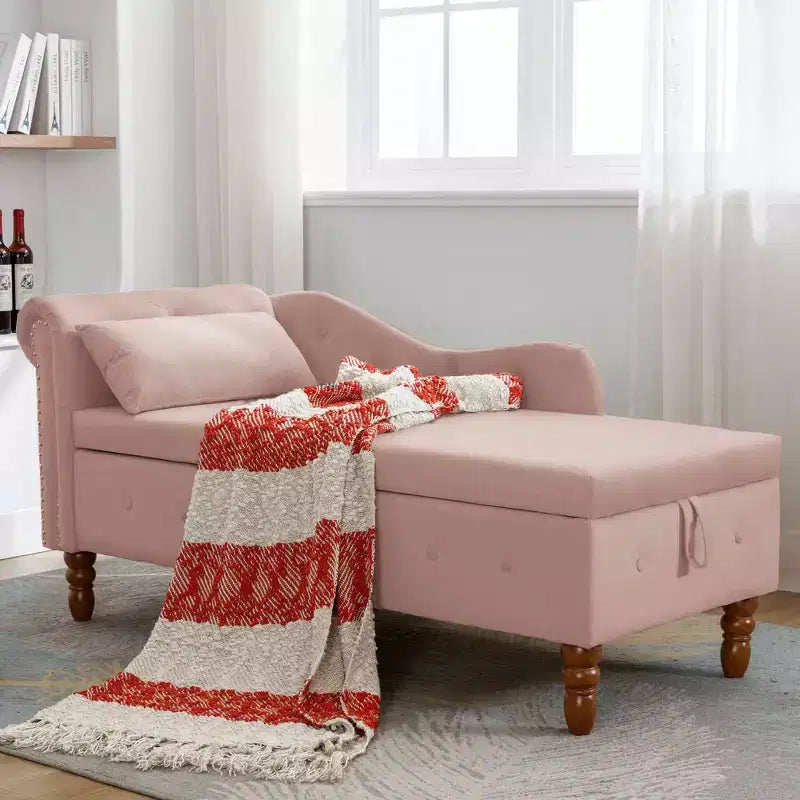 Chaise longue in velluto, con contenitore, chiodini decorativi, bracciolo arrotolato, per soggiorno, camera da letto, ufficio, beige