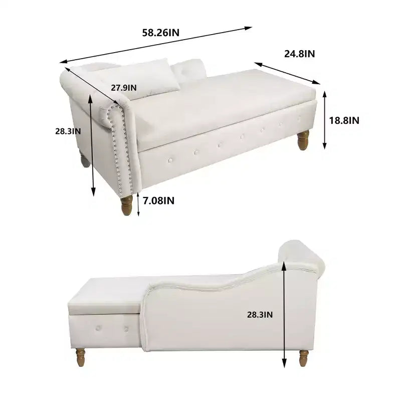 Chaise longue in velluto, con contenitore, chiodini decorativi, bracciolo arrotolato, per soggiorno, camera da letto, ufficio, beige