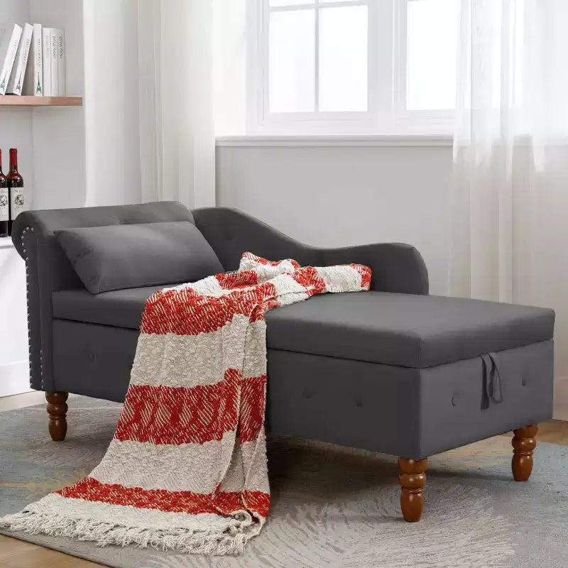 Chaise longue in velluto, con contenitore, chiodini decorativi, bracciolo arrotolato, per soggiorno, camera da letto, ufficio, beige