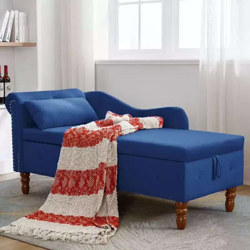 Chaise longue in velluto, con contenitore, chiodini decorativi, bracciolo arrotolato, per soggiorno, camera da letto, ufficio, beige