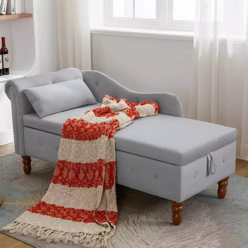 Chaise longue in velluto, con contenitore, chiodini decorativi, bracciolo arrotolato, per soggiorno, camera da letto, ufficio, beige